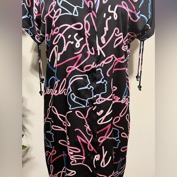 NWT Karl Lagerfeld Dressy Silky Neon Lights Button Down Shirt Dress Size 2 - Picture 3 of 9